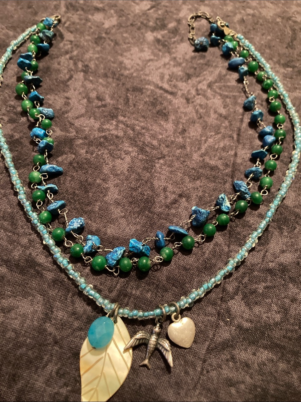 Layered Blue and Green Beaded Necklace with Leaf & Heart Charms
